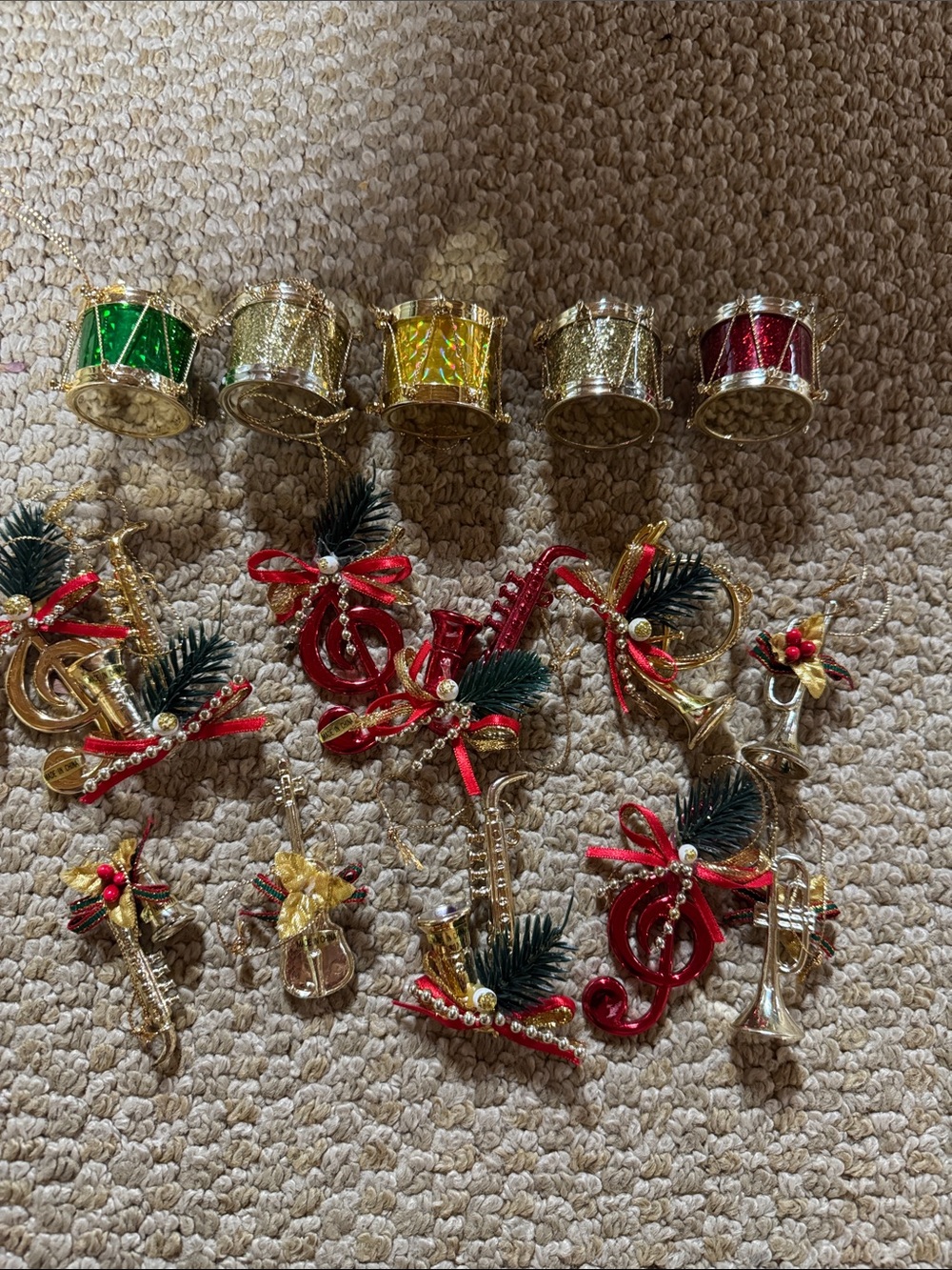 Set of Gold Musical Christmas Ornaments with Red & Green Accents